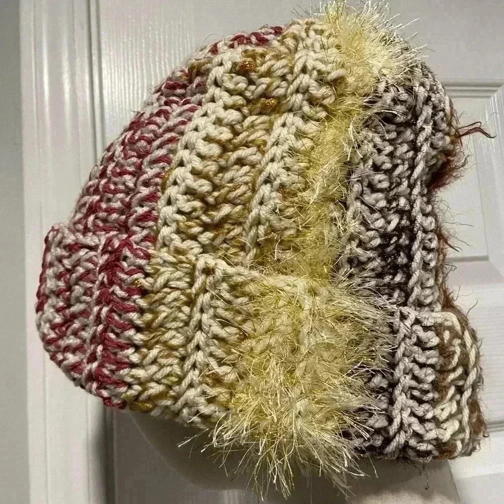 Handmade Crochet Chunky Ribbed Upcycled Multi Fiber Scrappy Yarn Beanie Hat